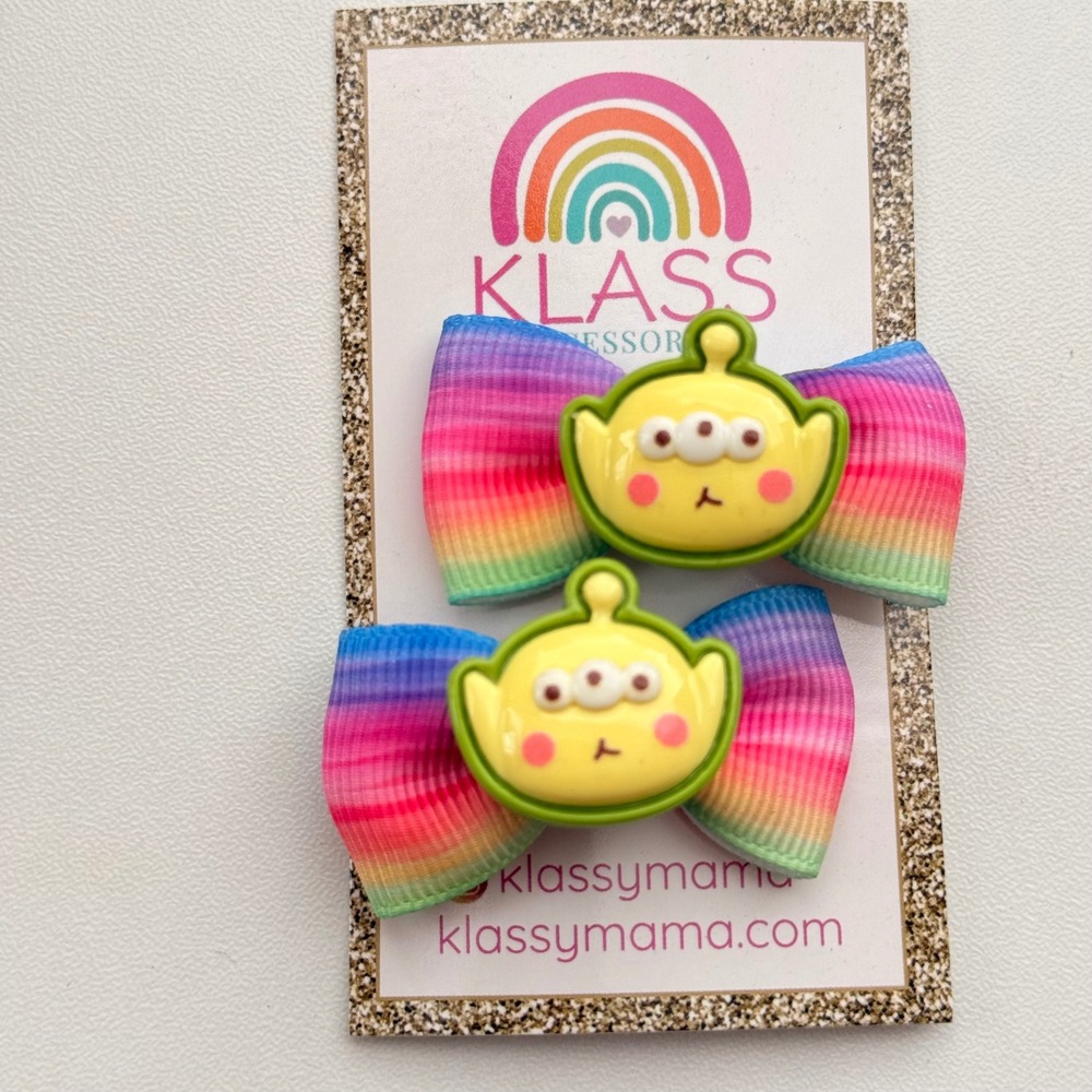 Klass Toy Story Alien Inspired Mini Rainbow Grosgrain Hair Bow Clips Set of 2